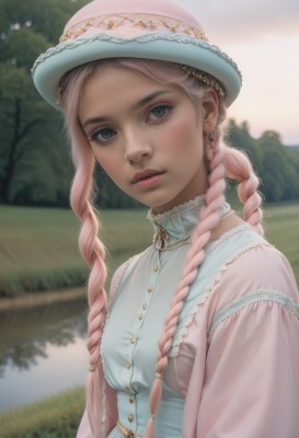 1girl,solo,long hair,looking at viewer,shirt,hat,dress,jewelry,green eyes,upper body,pink hair,braid,multicolored hair,earrings,outdoors,parted lips,day,necklace,blurry,twin braids,tree,lips,grey eyes,eyelashes,makeup,buttons,depth of field,blurry background,grass,freckles,realistic,pink jacket,lake,multiple braids,breasts,bangs,blue eyes,frills,sky,teeth,nose