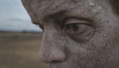 solo,looking at viewer,black hair,1boy,brown eyes,closed mouth,male focus,outdoors,sky,day,blurry,wet,blurry background,portrait,close-up,realistic,dirty,eye focus,brown hair,black eyes,from side,profile,facial hair,beard,water drop