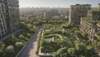 outdoors,sky,day,cloud,water,tree,no humans,window,plant,building,scenery,stairs,city,road,cityscape,ruins,bridge,river,skyscraper,overgrown,real world location,blue sky,bush