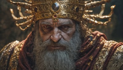 solo,looking at viewer,1boy,brown eyes,jewelry,closed mouth,upper body,white hair,grey hair,male focus,artist name,signature,armor,blurry,blurry background,facial hair,crown,shoulder armor,gem,portrait,beard,pauldrons,realistic,mustache,old,old man,wrinkled skin,yellow eyes,manly