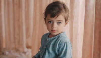 1girl,solo,looking at viewer,short hair,blue eyes,brown hair,shirt,1boy,closed mouth,upper body,male focus,indoors,blurry,lips,buttons,blue shirt,curtains,child,realistic,nose,male child,black hair,depth of field,blurry background,expressionless,messy hair