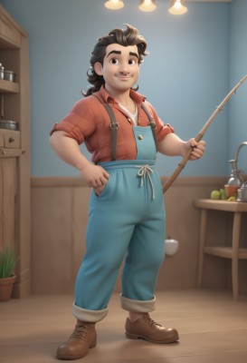 solo,looking at viewer,smile,brown hair,shirt,1boy,holding,brown eyes,closed mouth,standing,full body,male focus,boots,shoes,collared shirt,pants,artist name,indoors,black eyes,hand on hip,plaid,brown footwear,thick eyebrows,plant,red shirt,hand in pocket,potted plant,lamp,overalls,plaid shirt,shelf,fishing rod,blue overalls,long hair,black hair,parted lips,food,fruit,watermark,table,suspenders,sleeves rolled up,wooden floor