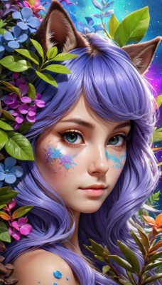 1girl,solo,long hair,looking at viewer,bangs,blue eyes,animal ears,bare shoulders,closed mouth,green eyes,blue hair,purple hair,flower,sky,cat ears,lips,eyelashes,makeup,night,swept bangs,leaf,facial mark,plant,lipstick,portrait,star (sky),close-up,starry sky,freckles,blue flower,pink lips,nose,facepaint,mascara,hair flower