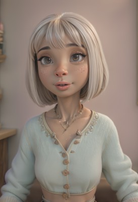 1girl,solo,breasts,looking at viewer,smile,short hair,bangs,blonde hair,shirt,long sleeves,brown eyes,jewelry,collarbone,upper body,white hair,small breasts,parted lips,teeth,midriff,indoors,necklace,blurry,dark-skinned female,lips,crop top,eyelashes,makeup,buttons,depth of field,blurry background,bob cut,freckles,realistic,nose,cleavage,medium breasts,heart,artist name,watermark,heart necklace