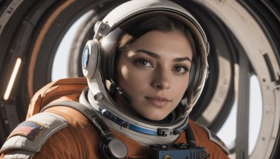 1girl,solo,looking at viewer,smile,short hair,brown hair,black hair,brown eyes,closed mouth,upper body,blurry,lips,helmet,portrait,freckles,reflection,realistic,nose,american flag,spacesuit,space helmet,astronaut,parted lips,mole,blurry background,headphones,thick eyebrows,forehead,headset,science fiction,space