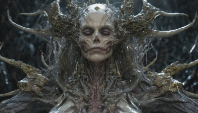 1girl,solo,long hair,looking at viewer,closed mouth,upper body,horns,armor,blurry,blurry background,portrait,science fiction,skull,monster,white eyes,straight-on,male focus,teeth,grey eyes,close-up,realistic