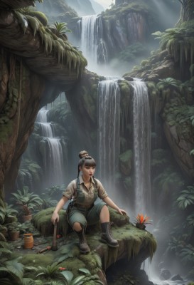 1girl,solo,breasts,bangs,shirt,black hair,sitting,ponytail,weapon,flower,short sleeves,boots,outdoors,shorts,day,collared shirt,belt,blunt bangs,water,hair bun,black footwear,tree,lips,wet,gun,makeup,sunlight,single hair bun,plant,lipstick,wet clothes,nature,scenery,sleeves rolled up,cross-laced footwear,forest,knee up,light rays,rock,lace-up boots,sunbeam,green shorts,river,waterfall,moss,tree stump,log,stream,long hair,grey hair,wrench