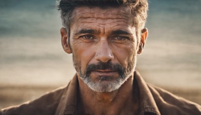 solo,looking at viewer,short hair,black hair,1boy,brown eyes,closed mouth,jacket,grey hair,male focus,outdoors,sky,blurry,blurry background,facial hair,scar,thick eyebrows,portrait,beard,brown jacket,mature male,realistic,mustache,manly,old,old man,wrinkled skin,lips,scar on face,close-up,backlighting