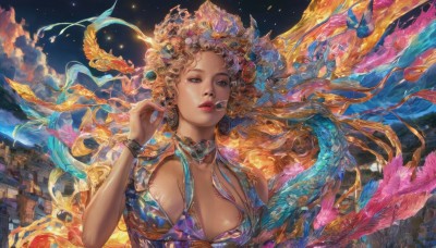 1girl,solo,long hair,breasts,looking at viewer,blue eyes,blonde hair,hair ornament,ribbon,cleavage,bare shoulders,jewelry,medium breasts,upper body,earrings,outdoors,parted lips,sky,artist name,cloud,hand up,necklace,bracelet,lips,makeup,night,floating hair,bird,animal,building,gem,star (sky),night sky,scenery,fish,city,fantasy,large breasts,brown hair,dress,brown eyes,collarbone,flower,choker,fingernails,looking to the side,eyelashes,watermark,looking away,bug,feathers,lipstick,wind,butterfly,nose,dragon,headdress,red lips,eyeliner