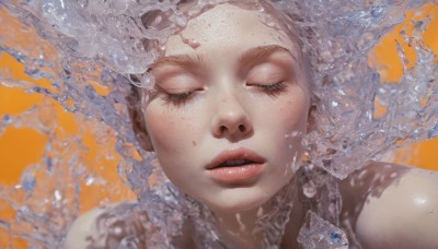 1girl,solo,short hair,open mouth,simple background,closed eyes,white hair,parted lips,teeth,water,mole,lips,eyelashes,portrait,facing viewer,freckles,ice,realistic,orange background,bare shoulders,shiny,blurry,close-up,water drop,splashing,liquid hair