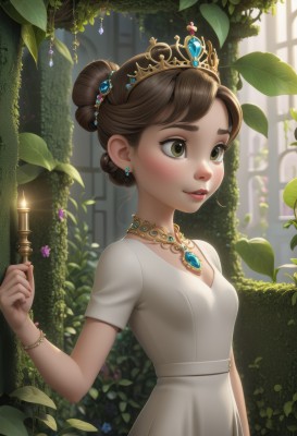 1girl,solo,breasts,blush,smile,short hair,brown hair,hair ornament,dress,holding,brown eyes,jewelry,upper body,flower,short sleeves,earrings,small breasts,parted lips,day,indoors,necklace,hair bun,white dress,bracelet,lips,window,leaf,single hair bun,tiara,crown,plant,gem,freckles,candle,vines,princess,bangs,cleavage,green eyes,artist name