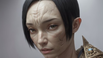 1girl,solo,looking at viewer,short hair,simple background,black hair,brown eyes,parted lips,grey background,armor,lips,shoulder armor,portrait,close-up,pauldrons,realistic,nose