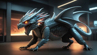 HQ,solo,open mouth,tail,full body,yellow eyes,wings,teeth,indoors,blurry,no humans,fangs,fire,sharp teeth,claws,spikes,colored sclera,monster,dragon,scales,kaijuu,standing,horns,glowing,glowing eyes