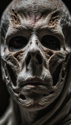 solo,looking at viewer,simple background,1boy,closed mouth,monochrome,male focus,blurry,black eyes,mask,black background,portrait,close-up,realistic,bald,greyscale,facial hair,helmet,beard,planet,astronaut