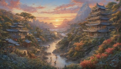 1girl,outdoors,multiple boys,sky,cloud,water,tree,bird,leaf,cloudy sky,grass,building,nature,scenery,forest,reflection,sunset,mountain,sun,autumn leaves,architecture,house,bridge,east asian architecture,river,boat,landscape,mountainous horizon,lake,pagoda,short hair,1boy,standing,plant