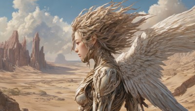 1girl,solo,long hair,breasts,blonde hair,jewelry,medium breasts,closed eyes,upper body,earrings,outdoors,parted lips,wings,sky,day,cloud,armor,from side,blue sky,lips,profile,floating hair,wind,shoulder armor,feathered wings,angel wings,mountain,fantasy,white wings,angel,desert,cloudy sky,scenery,rock,realistic