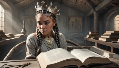 1girl,solo,long hair,black hair,dress,brown eyes,jewelry,sitting,upper body,braid,parted lips,day,indoors,necklace,black eyes,twin braids,lips,looking to the side,book,window,chair,looking away,table,sunlight,crown,light rays,open book,realistic,grey dress,book stack,quill,holding,twintails,dark skin,dark-skinned female,facial mark,hair over shoulder,freckles,nose,reading,sunbeam