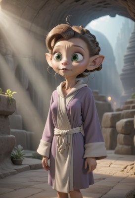 1girl,solo,looking at viewer,short hair,brown hair,long sleeves,dress,closed mouth,green eyes,standing,braid,flower,outdoors,day,pointy ears,indoors,sash,feet out of frame,sunlight,plant,elf,child,robe,light rays,arms at sides,female child,sunbeam,pillar,parted lips,artist name,stairs