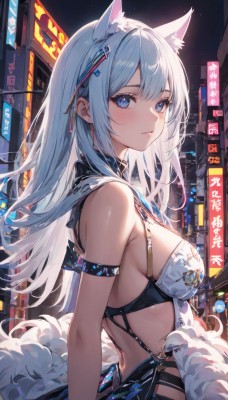 1girl,solo,long hair,breasts,looking at viewer,blush,bangs,blue eyes,large breasts,hair ornament,dress,animal ears,bare shoulders,medium breasts,closed mouth,upper body,white hair,outdoors,sleeveless,cat ears,from side,animal ear fluff,looking to the side,fox ears,sideboob,night,expressionless,building,revealing clothes,extra ears,armlet,city,backless outfit,arm strap,armpit crease,feather boa,tail,sidelocks,parted lips,choker,hairclip,mole,bare arms,mole under eye,fox tail,black choker,fox girl,o-ring,cityscape