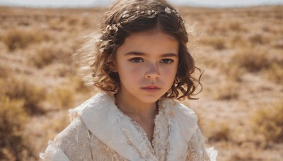 1girl,solo,looking at viewer,short hair,brown hair,hair ornament,dress,brown eyes,closed mouth,upper body,dark skin,white dress,blurry,black eyes,dark-skinned female,lips,depth of field,blurry background,portrait,veil,freckles,curly hair,realistic,nose,jewelry,outdoors,day,expressionless,tiara