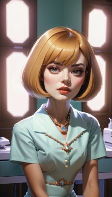 1girl,solo,breasts,looking at viewer,blush,short hair,bangs,blonde hair,brown hair,shirt,dress,jewelry,sitting,upper body,short sleeves,small breasts,parted lips,teeth,shiny,collared shirt,artist name,indoors,necklace,blurry,black eyes,lips,grey eyes,eyelashes,makeup,buttons,blurry background,blue dress,swept bangs,bob cut,blue shirt,lipstick,gem,pendant,freckles,nose,red lips,mascara,brown eyes,realistic