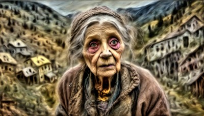 HQ,1girl,solo,looking at viewer,1boy,upper body,white hair,grey hair,male focus,outdoors,makeup,facial hair,parody,building,mountain,house,old,old man,old woman,wrinkled skin,blurry,single hair bun,lipstick,messy hair,horror (theme)