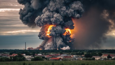 outdoors,sky,day,cloud,no humans,cloudy sky,grass,fire,ground vehicle,building,scenery,motor vehicle,smoke,city,road,giant,explosion,house,burning,destruction,tree,mountain,field,landscape