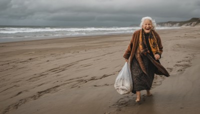 solo,long hair,looking at viewer,smile,long sleeves,1boy,holding,weapon,white hair,grey hair,male focus,outdoors,barefoot,sword,cloud,water,bag,scarf,coat,facial hair,ocean,beach,cloudy sky,beard,walking,sand,holding bag,old,old man,plastic bag,grey sky,footprints,open mouth,standing,full body,japanese clothes,sky,day,robe,waves