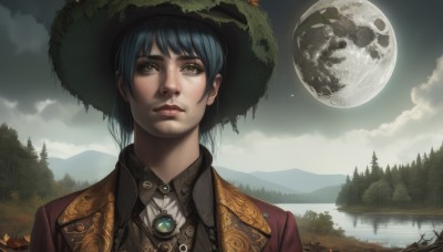 1girl,solo,short hair,bangs,shirt,black hair,hat,brown eyes,jewelry,closed mouth,blue hair,jacket,upper body,outdoors,sky,cloud,water,necklace,tree,lips,night,moon,cloudy sky,brooch,nature,scenery,full moon,forest,freckles,reflection,mountain,realistic,nose,lake,yellow eyes,portrait,star (sky),planet,landscape