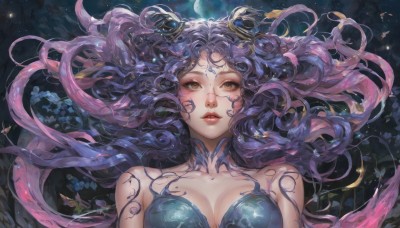 1girl,solo,long hair,breasts,looking at viewer,cleavage,bare shoulders,brown eyes,medium breasts,collarbone,upper body,pink hair,purple hair,flower,multicolored hair,parted lips,horns,artist name,lips,floating hair,facial mark,moon,blue hair,yellow eyes,tattoo