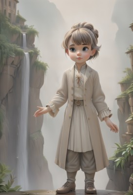 1girl,solo,looking at viewer,short hair,bangs,blue eyes,long sleeves,dress,ribbon,closed mouth,standing,full body,grey hair,outdoors,open clothes,shoes,belt,pants,water,lips,coat,grey eyes,buttons,brown footwear,plant,building,child,open coat,white coat,brown belt,grey pants,waterfall,fountain,blush,brown hair,web address,realistic