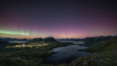 outdoors,sky,cloud,water,tree,no humans,night,star (sky),nature,night sky,scenery,starry sky,mountain,horizon,river,landscape,mountainous horizon,lake,city lights,hill,ocean,shore,aurora