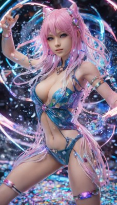 1girl,solo,long hair,breasts,looking at viewer,blue eyes,large breasts,hair ornament,navel,animal ears,cleavage,jewelry,medium breasts,very long hair,underwear,standing,pink hair,cat ears,arm up,bracelet,lips,thigh strap,armlet,realistic,bare shoulders,swimsuit,bikini,cowboy shot,parted lips,armpits,necklace,blurry,gem,magic,thighlet