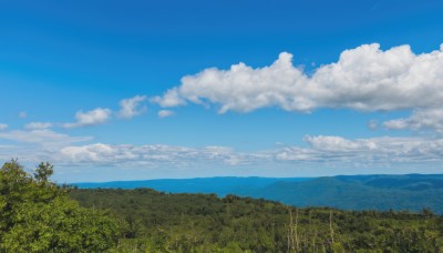 outdoors,sky,day,cloud,water,tree,blue sky,no humans,ocean,cloudy sky,grass,nature,scenery,forest,mountain,horizon,field,summer,landscape,mountainous horizon,hill