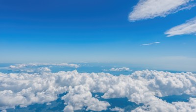 monochrome,outdoors,sky,day,cloud,blue sky,no humans,ocean,cloudy sky,scenery,blue theme,horizon,above clouds,water,fantasy,landscape,very wide shot