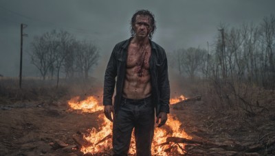 solo,looking at viewer,short hair,black hair,long sleeves,1boy,navel,standing,jacket,male focus,outdoors,open clothes,pants,open jacket,tree,black jacket,blood,muscular,facial hair,scar,black pants,abs,fire,pectorals,ground vehicle,motor vehicle,scar on face,realistic,leather,hair slicked back,chest hair,bare tree,leather jacket,burning,brown hair,sky,denim,facing viewer,beard,jeans,road