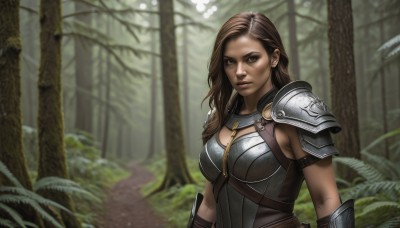 1girl,solo,long hair,breasts,looking at viewer,brown hair,cleavage,brown eyes,medium breasts,closed mouth,upper body,outdoors,dark skin,armor,blurry,tree,lips,shoulder armor,nature,forest,pauldrons,breastplate,realistic,nose,shoulder pads,dark-skinned female,plant