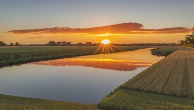 outdoors,sky,cloud,water,tree,no humans,sunlight,cloudy sky,grass,nature,scenery,forest,reflection,sunset,mountain,sun,horizon,river,landscape,lake,gradient sky,orange sky,hill,evening,reflective water