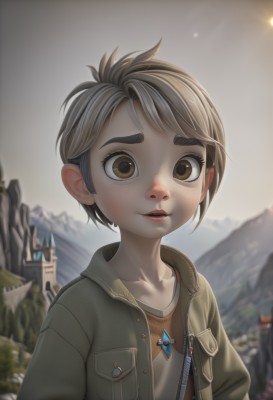 1girl,solo,looking at viewer,smile,short hair,open mouth,brown hair,shirt,1boy,brown eyes,jewelry,collarbone,jacket,upper body,grey hair,male focus,outdoors,parted lips,open clothes,teeth,necklace,blurry,open jacket,lips,blurry background,thick eyebrows,child,pendant,freckles,mountain,male child,castle,artist name