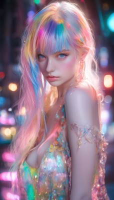 1girl,solo,long hair,breasts,looking at viewer,bangs,blue eyes,blonde hair,dress,cleavage,bare shoulders,jewelry,medium breasts,closed mouth,blue hair,upper body,pink hair,multicolored hair,earrings,sleeveless,artist name,blunt bangs,blurry,from side,lips,streaked hair,eyelashes,makeup,sleeveless dress,depth of field,blurry background,watermark,gem,armlet,realistic,nose,bokeh,colorful,mascara,rainbow hair,necklace,expressionless,piercing,multicolored clothes,lens flare,pink lips