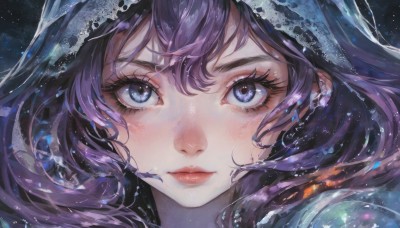 1girl,solo,long hair,looking at viewer,blush,bangs,blue eyes,hair between eyes,closed mouth,purple eyes,purple hair,lips,eyelashes,portrait,light particles,close-up,nose,eye focus,water,floating hair,realistic,straight-on