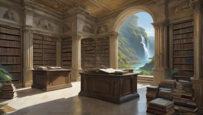 outdoors,sky,day,indoors,water,tree,book,no humans,window,sunlight,plant,scenery,bookshelf,potted plant,pillar,book stack,waterfall,library,column,cloud,blue sky,reflection,light rays,mountain,fantasy,statue,landscape,reflective floor