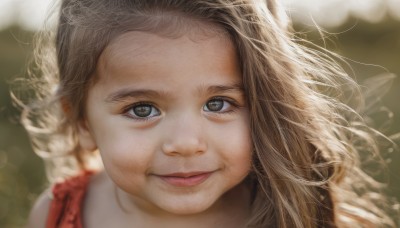 1girl,solo,long hair,looking at viewer,smile,blue eyes,blonde hair,brown hair,closed mouth,blurry,lips,grey eyes,depth of field,blurry background,portrait,close-up,forehead,realistic,brown eyes,eyelashes