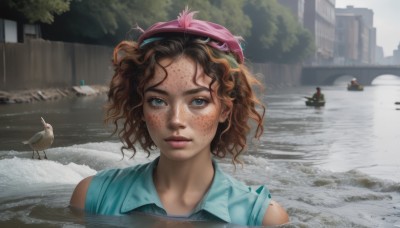 1girl,solo,looking at viewer,short hair,blue eyes,brown hair,shirt,hat,closed mouth,outdoors,sleeveless,day,collared shirt,water,tree,lips,wet,sleeveless shirt,bird,wavy hair,blue shirt,ground vehicle,building,messy hair,portrait,motor vehicle,partially submerged,freckles,curly hair,realistic,nose,car,pink headwear,wet hair,watercraft,river,boat,animal,dirty