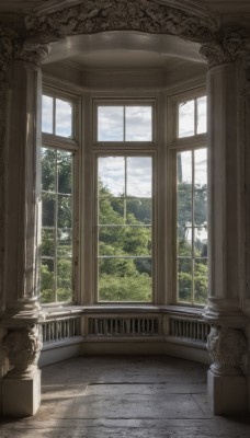 outdoors,sky,day,cloud,indoors,tree,blue sky,no humans,window,sunlight,cloudy sky,plant,scenery,light rays,stairs,bush,pillar,column,architecture,arch