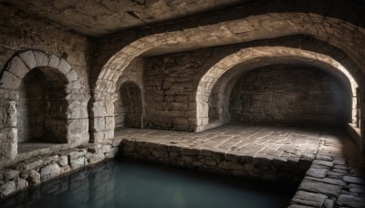 indoors,water,no humans,window,sunlight,scenery,stairs,wall,architecture,ruins,bridge,pillar,arch,column,outdoors,plant,reflection,light rays,rock,stone,stone floor,stone wall