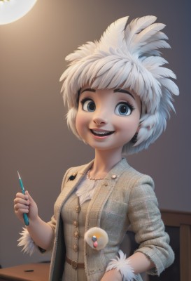 1girl,solo,breasts,looking at viewer,smile,short hair,open mouth,bangs,blue eyes,hair ornament,holding,jewelry,jacket,white hair,teeth,belt,indoors,necklace,lips,plaid,feathers,sleeves rolled up,realistic,nose,pen,pencil,earrings,makeup,genderswap,genderswap (mtf),personification,feather hair ornament