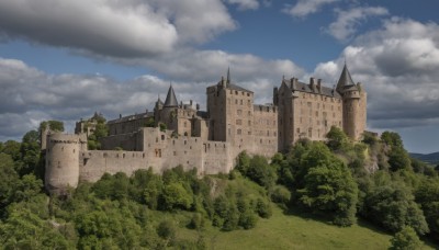 outdoors,sky,day,cloud,tree,blue sky,no humans,cloudy sky,grass,building,nature,scenery,forest,mountain,fantasy,castle,tower,landscape,bush,path