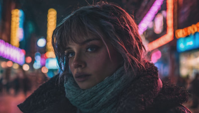 1girl, solo, looking at viewer, bangs, blue eyes, black hair, upper body, outdoors, parted lips, scarf, blurry, lips, coat, night, depth of field, blurry background, portrait, realistic, nose, winter clothes, city lights, neon lights