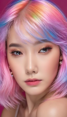 1girl,solo,looking at viewer,short hair,bangs,blue eyes,simple background,bare shoulders,jewelry,closed mouth,blue hair,pink hair,multicolored hair,earrings,black eyes,lips,grey eyes,eyelashes,gradient hair,makeup,pink background,lipstick,portrait,close-up,eyeshadow,realistic,nose,mascara,parted lips